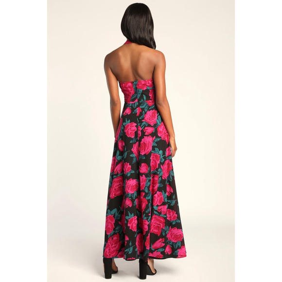 Lulus Fiercely Flowery Black Floral Ruched Halter Dress Small - Picture 2 of 8